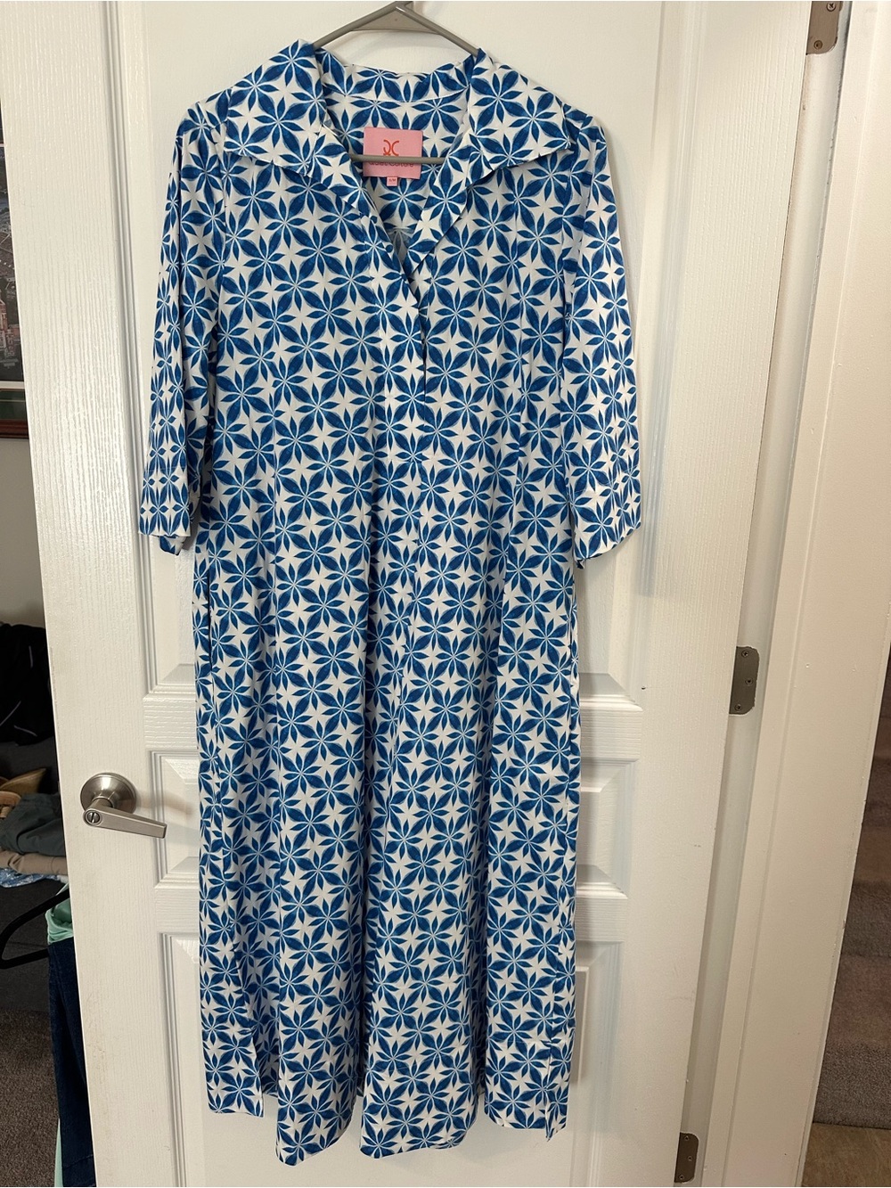 Blue & White Geometric Button-Front Caftan